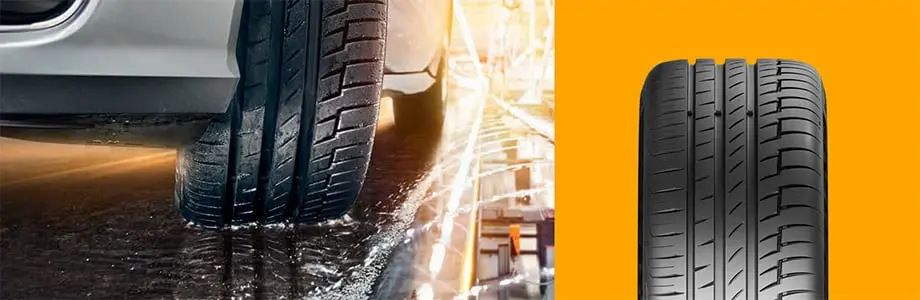 Continental PremiumContact 6 z widocznym bieżnikiem na mokrej nawierzchni