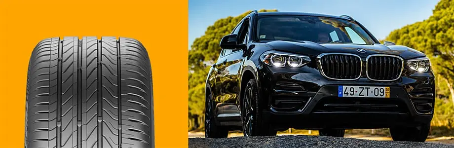 Continental UltraContact z widocznym bieżnikiem przy samochodzie